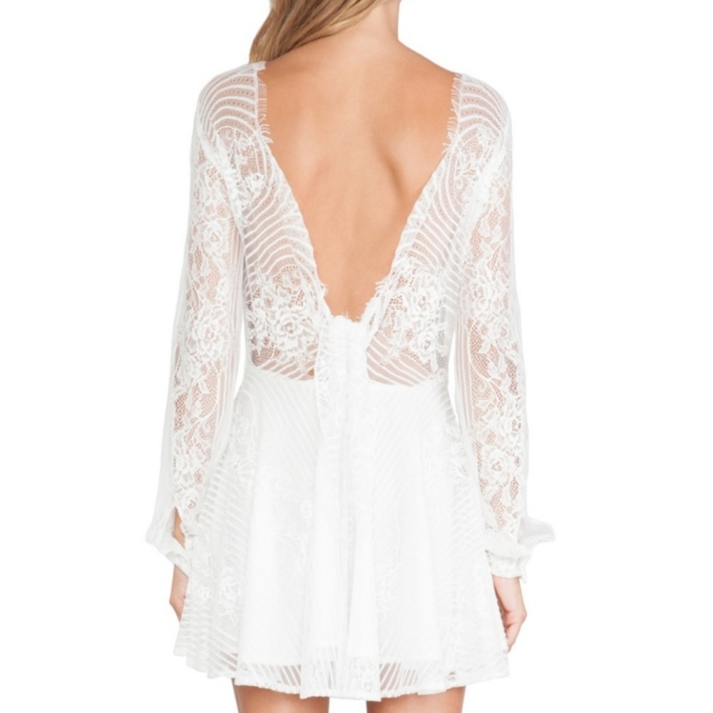 NWT  For Love and Lemons Lace Dress Open Tie Back Scoop Neck Long Sleeve White